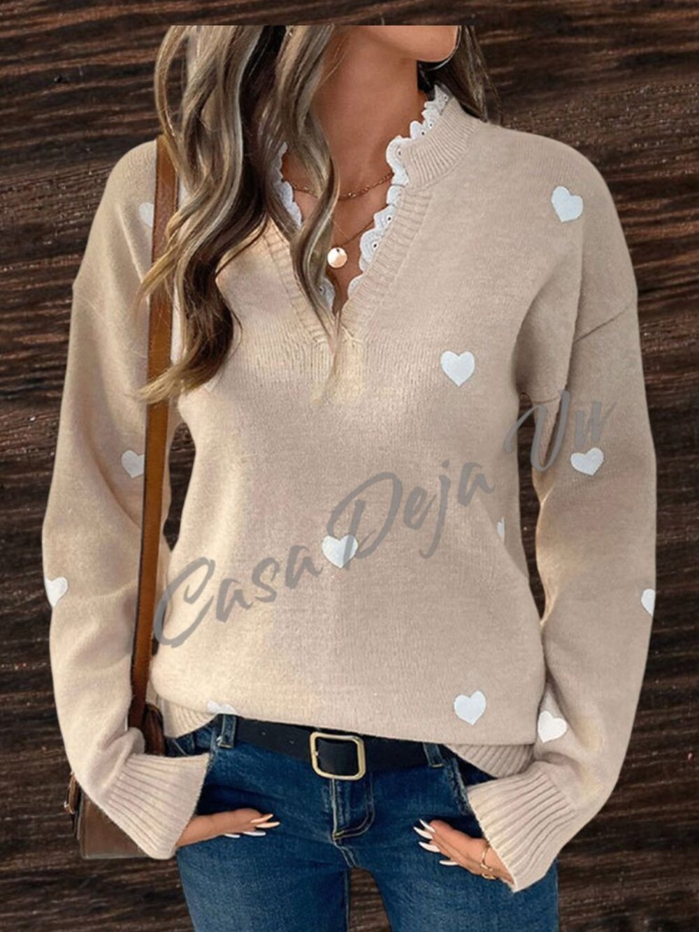 Sweetheart Feminine Nothced Lace Collar Long Sleeve Sweater